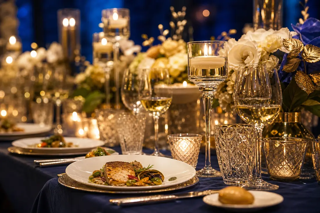 Exemple : table de réception de mariage, illustration de coordination traiteur en Suisse romande